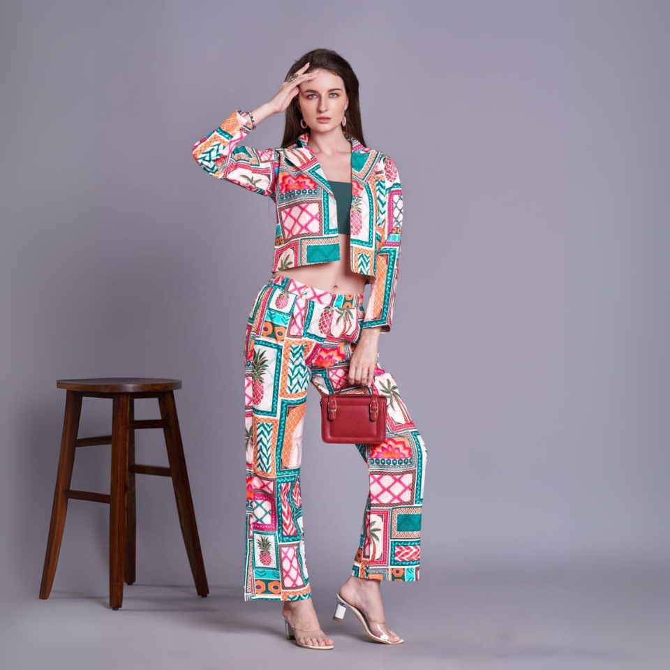 Multi-Colour Cotton Blend Jacket Co-ord Set
