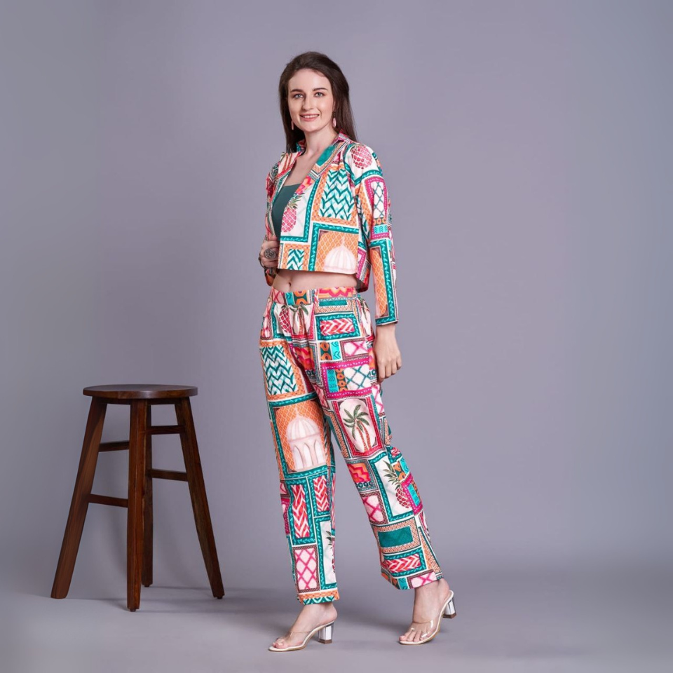 Multi-Colour Cotton Blend Jacket Co-ord Set