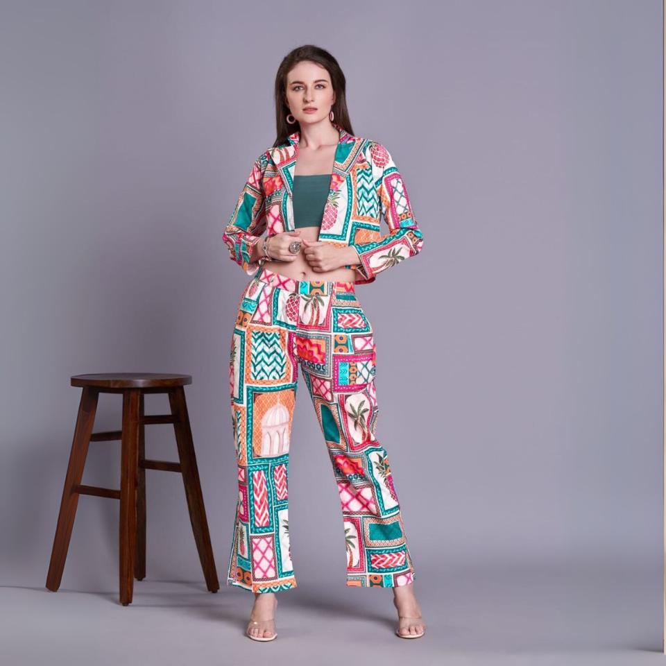 Multi-Colour Cotton Blend Jacket Co-ord Set