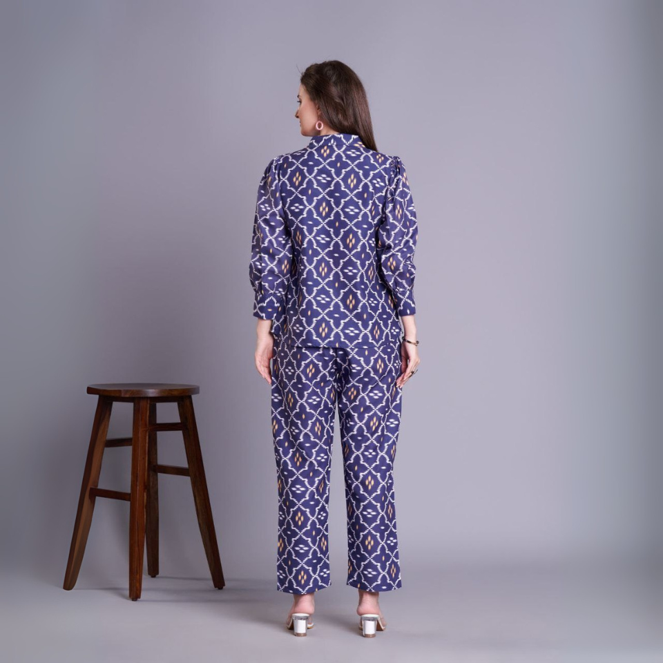 Blue Cotton Blend Jacket Co-ord Set