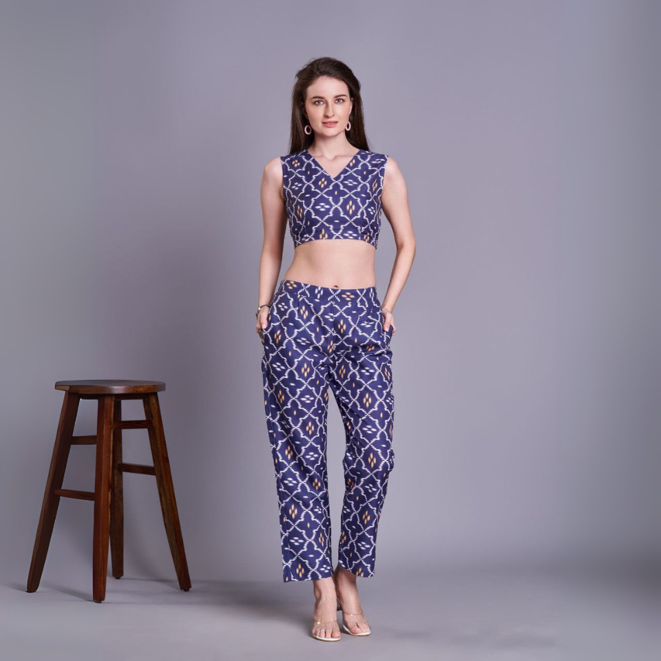 Blue Cotton Blend Jacket Co-ord Set