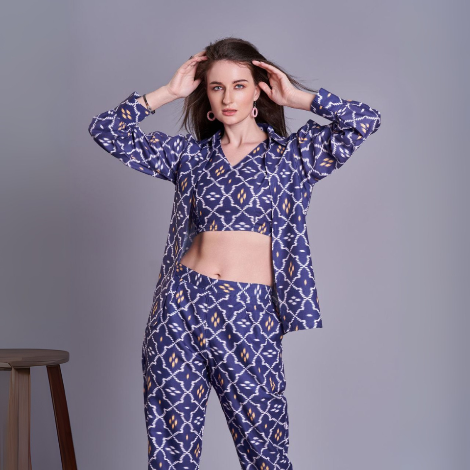 Blue Cotton Blend Jacket Co-ord Set