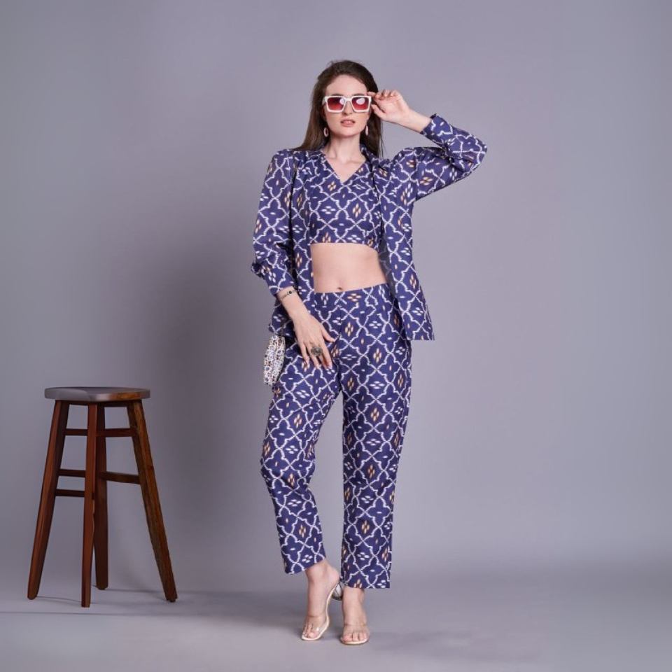Blue Cotton Blend Jacket Co-ord Set