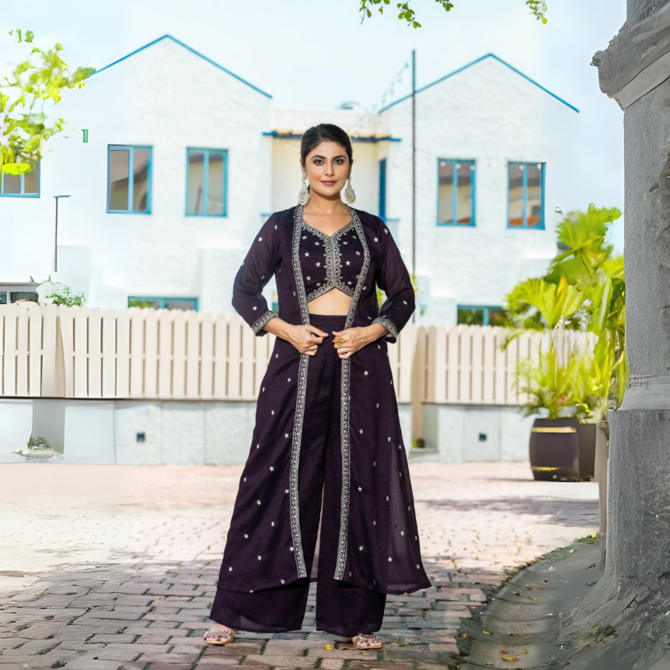 Vichitra Embroidered Shrug Set
