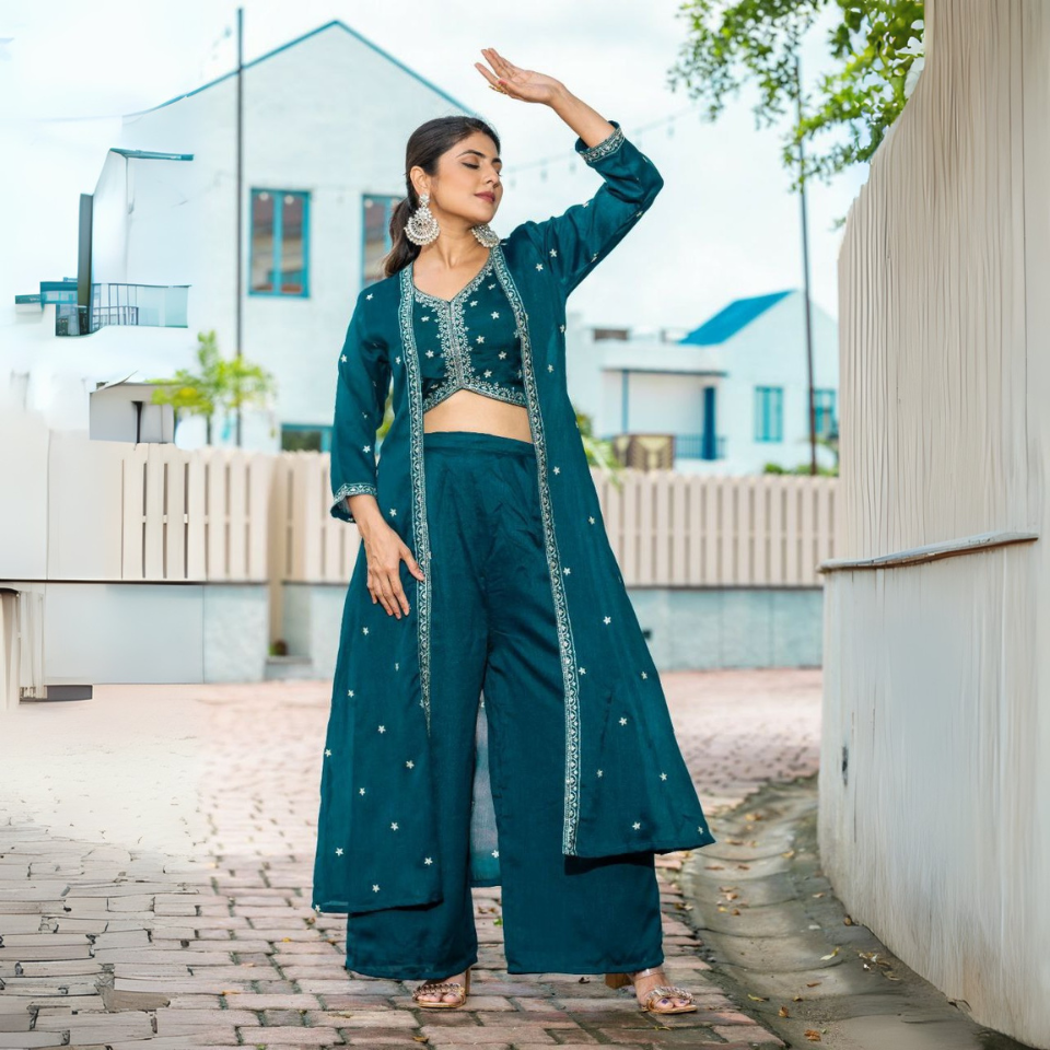 Vichitra Embroidered Shrug Set