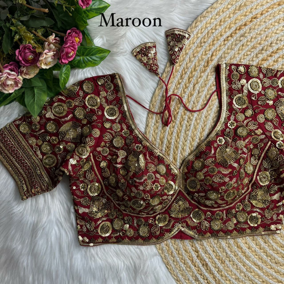 Heavy Roman Silk Partywear blouse with Jari, Sequence & Beads Work