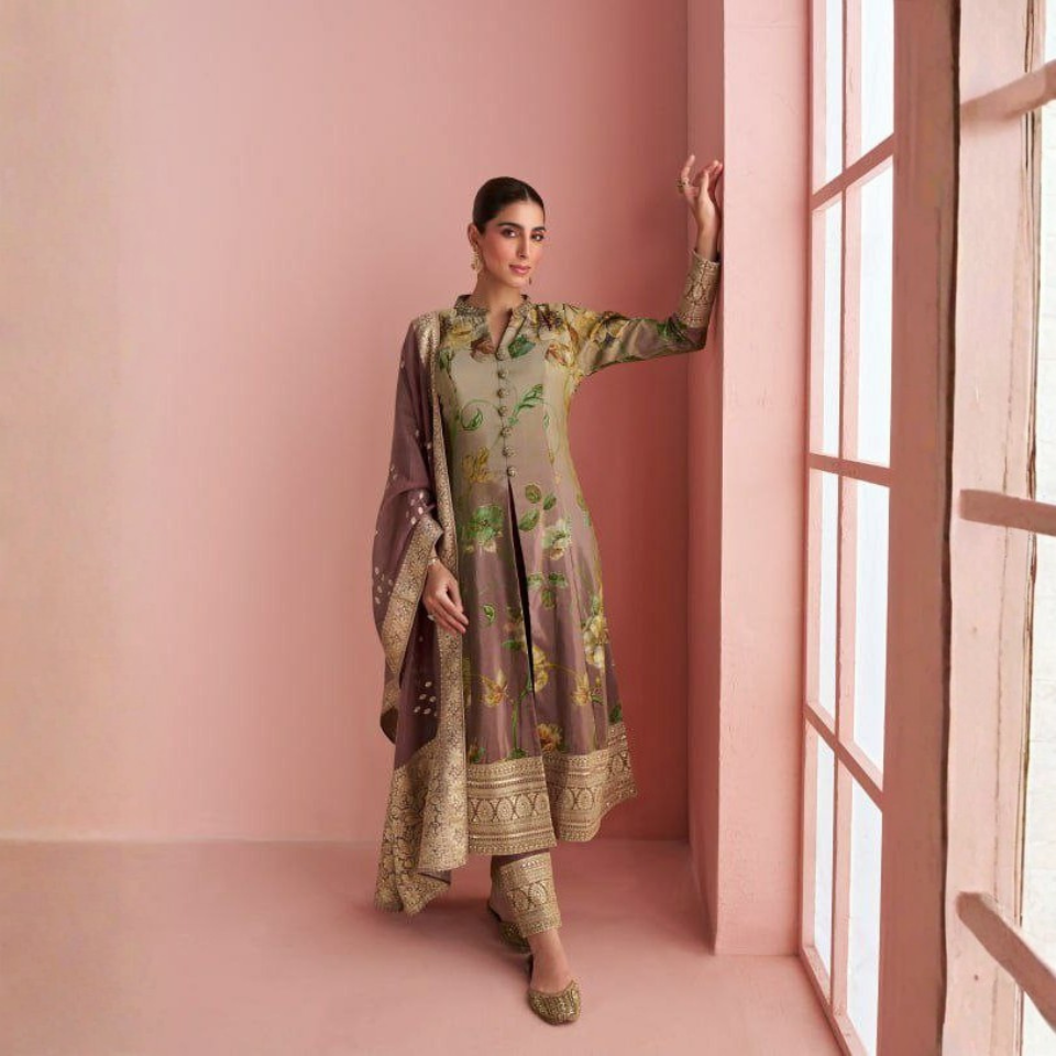 Premium Silk Digital Print Suit Set with Sequin Work & Jacquard Dupatta