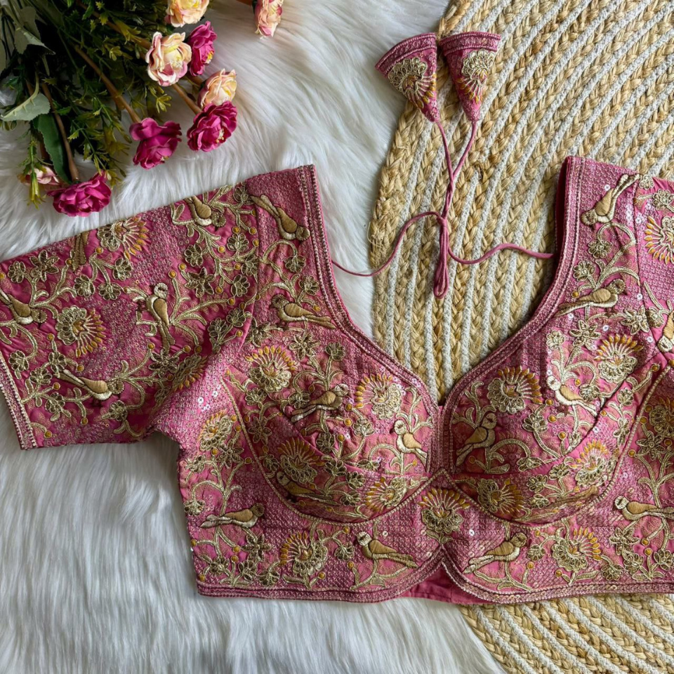 Heavy Roman Silk Partywear Blouse with Jari Sequence & Coding Thread Work