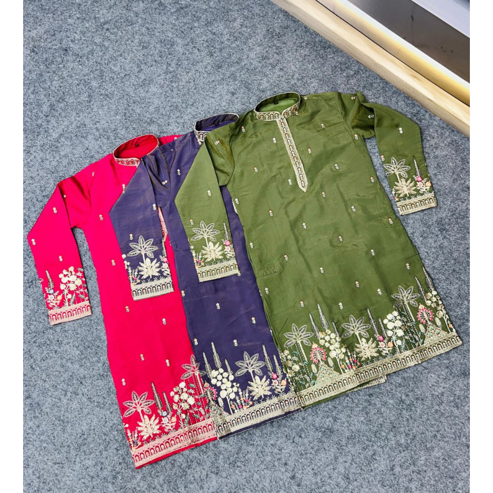 Men’s Roman Shimmer Embroidered Kurta with Heavy Daman & Golden Sequence Work