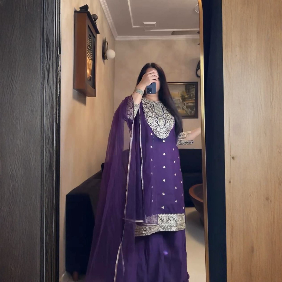 Premium Faux Georgette  & Sequence Work Top Plazo Set with Butterfly Net Dupatta