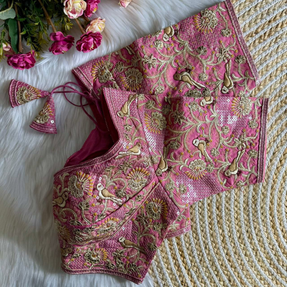 Heavy Roman Silk Partywear Blouse with Jari Sequence & Coding Thread Work