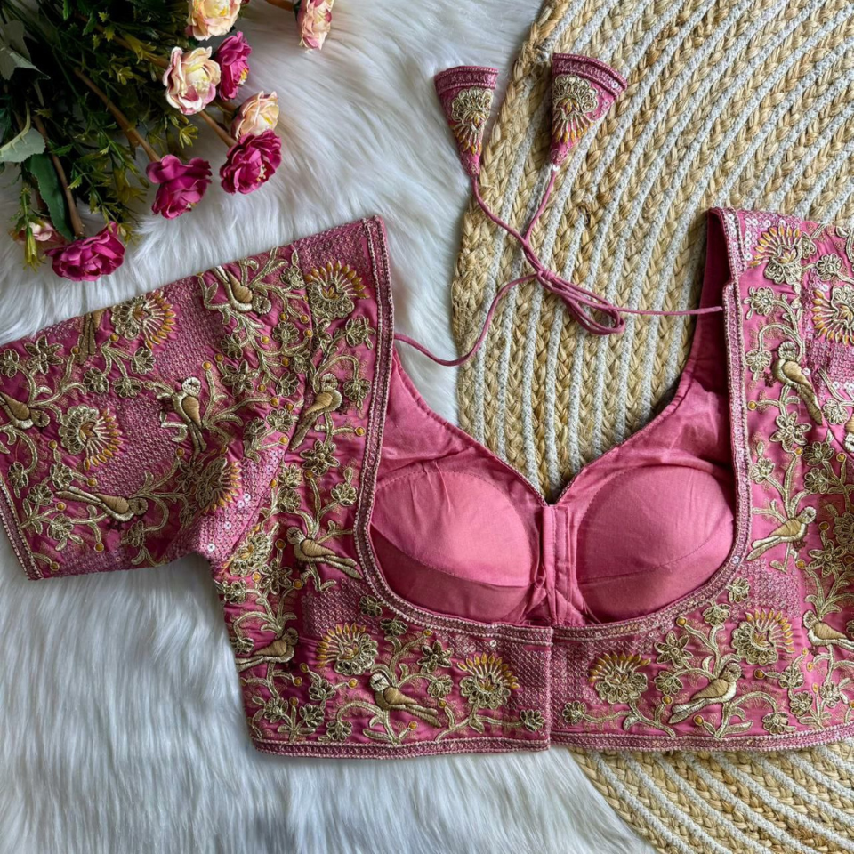 Heavy Roman Silk Partywear Blouse with Jari Sequence & Coding Thread Work