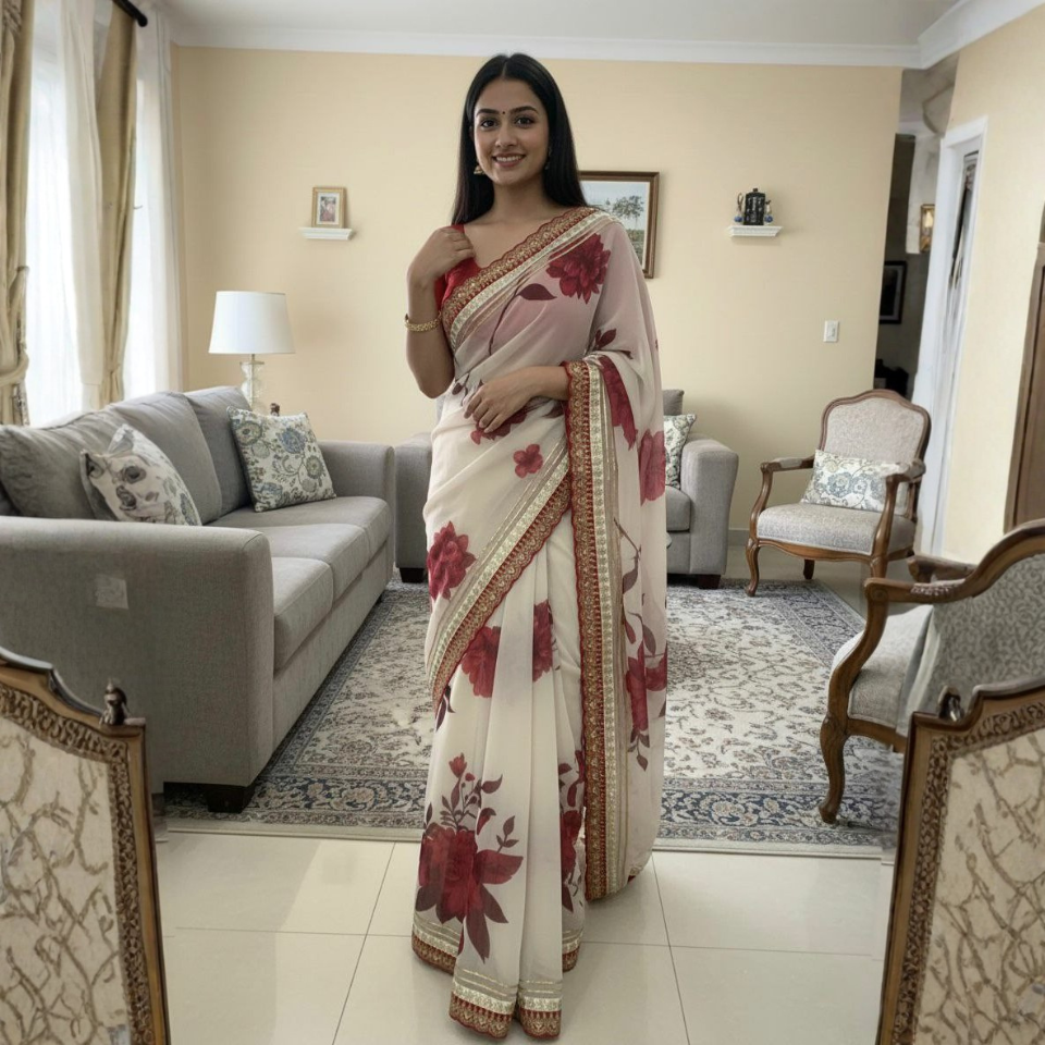 Soft Georgette Floral Printed Saree with Sequence & Gota Patti Embroidery