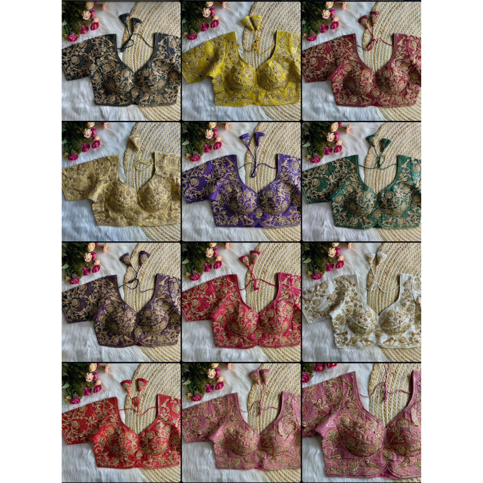 Heavy Roman Silk Partywear Blouse with Jari Sequence & Coding Thread Work