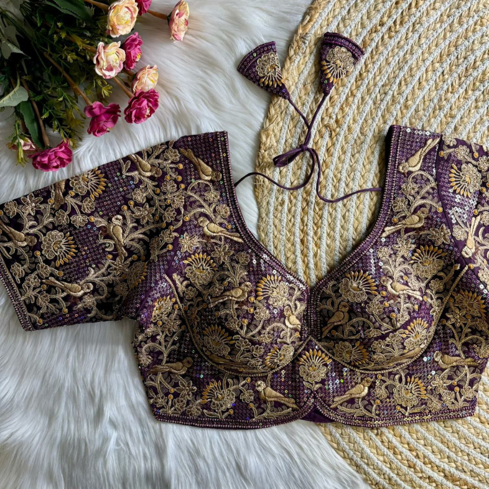 Heavy Roman Silk Partywear Blouse with Jari Sequence & Coding Thread Work