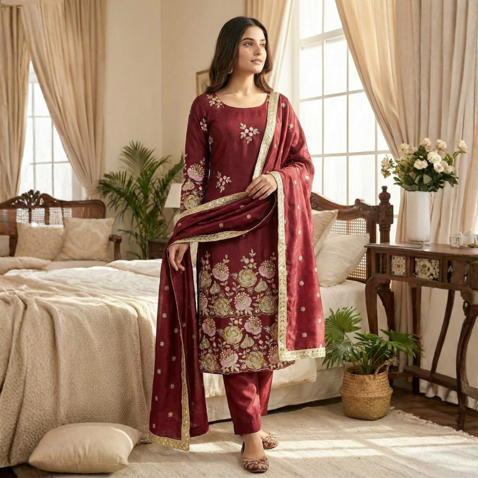 Premium Organza Poly Silk Embroidered Sequence Top with Stitched Plazzo & Dupatta