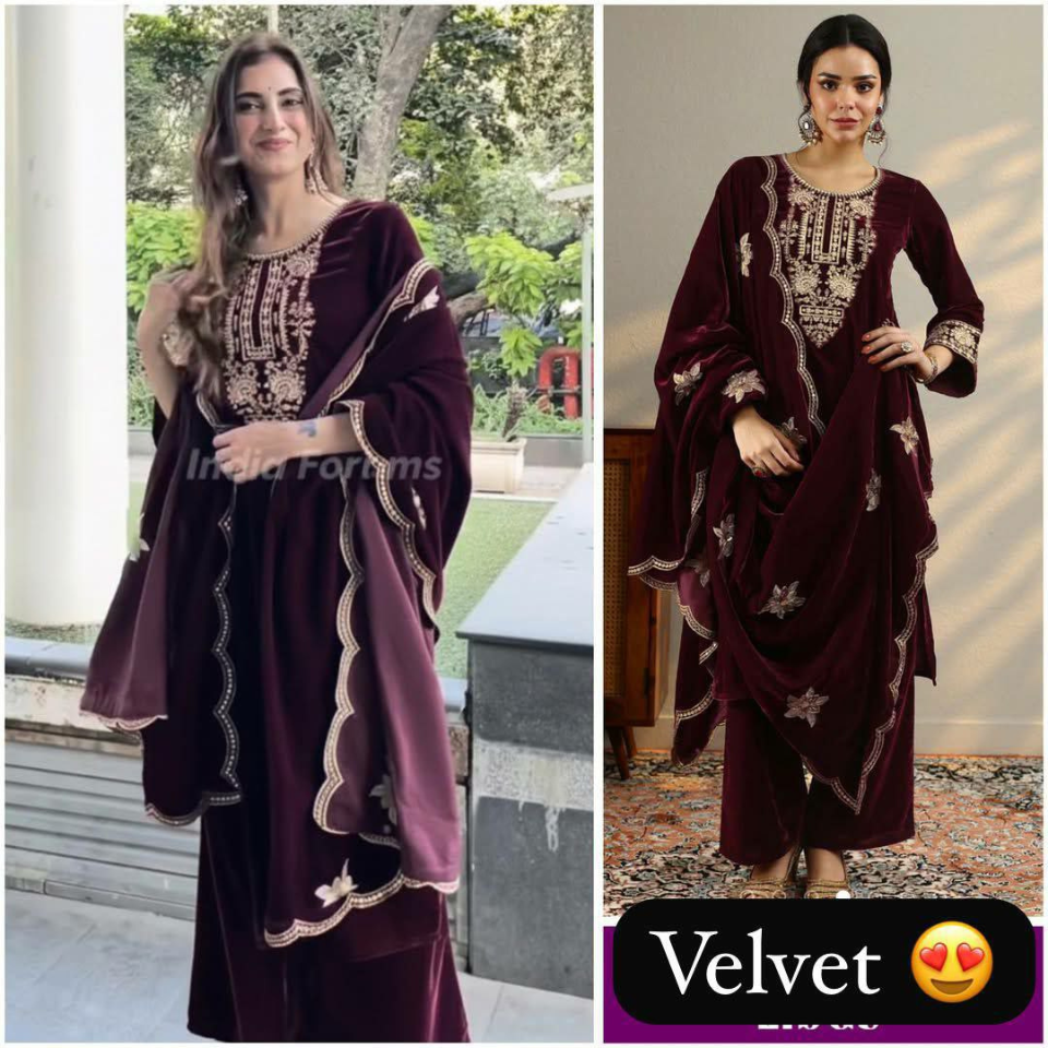 Velvet Sequence Embroidered Kurta Palazzo Set with Dupatta