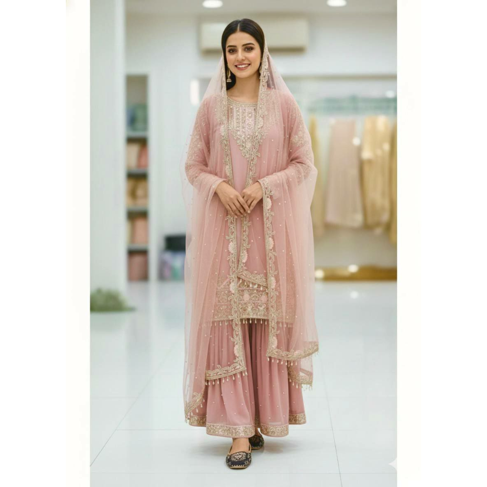 Heavy Faux Georgette Top Palazzo Set with Pearl Moti & Sequin Work Dupatta