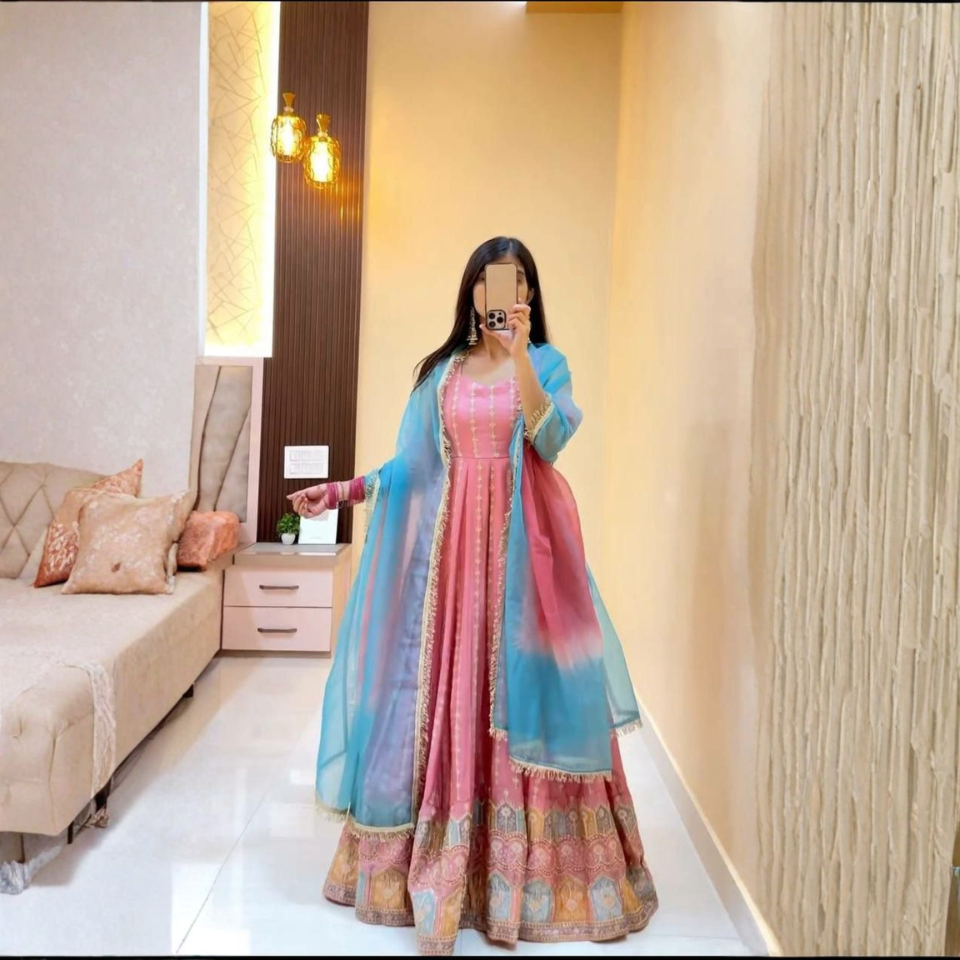 Chinon Silk Anarkali Suit Set with Sequin Thread Work & Organza Dupatta