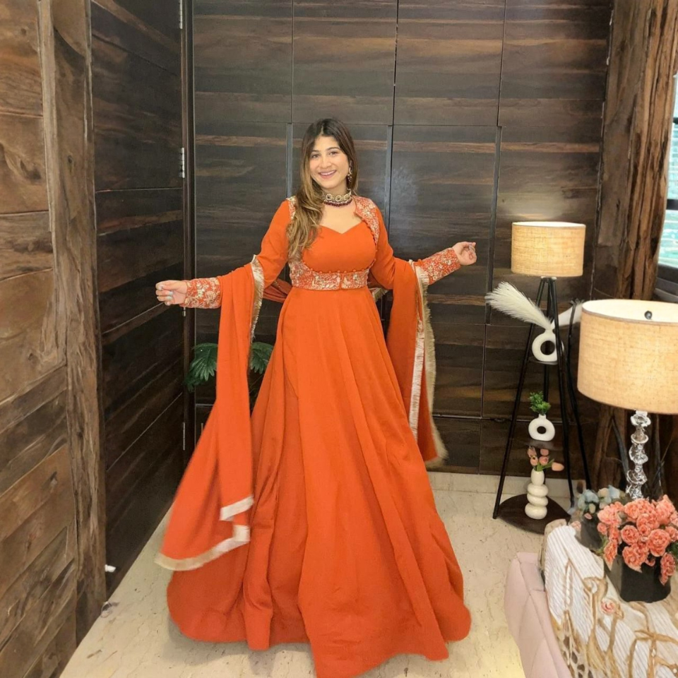 Faux Georgette Embroidered Maxi Anarkali Pant Set with Designer Koti & Dupatta