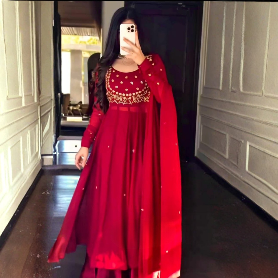 Elegant Faux Georgette Thread & Sequin Work Top Pant Dupatta Set