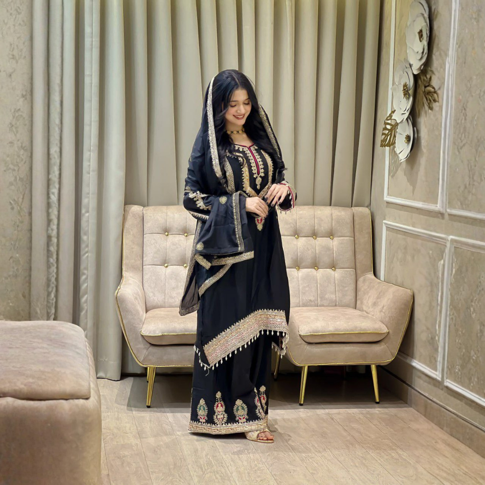 Women’s Chinon Silk Embroidered Sequin Kurta Palazzo Set with Dupatta