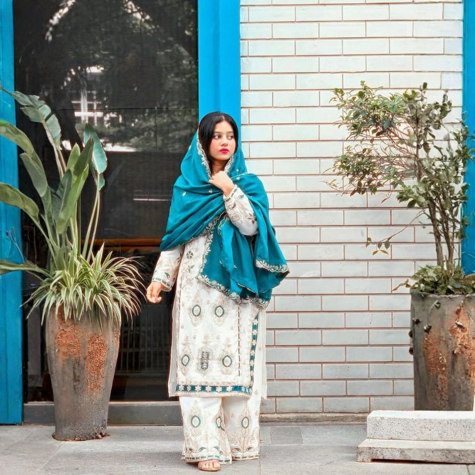 Eid Special Chinon Silk Embroidered Sequins Kurti Palazzo Dupatta Set