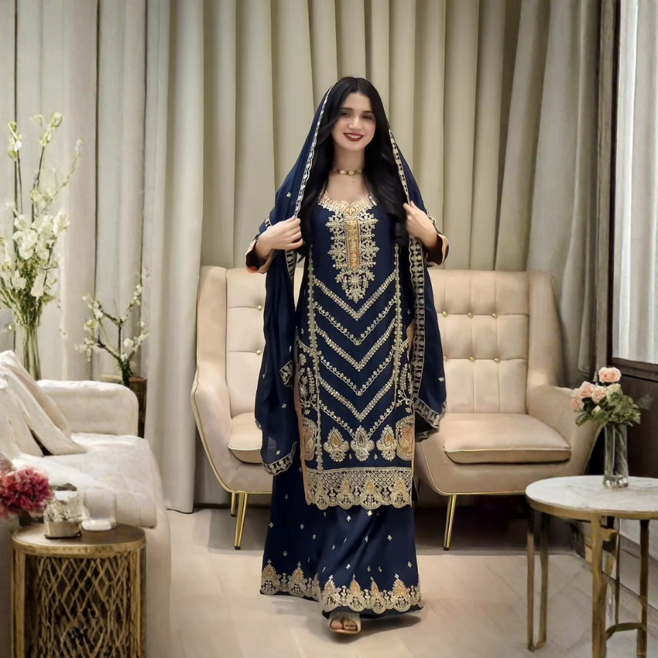 Chinon Silk Embroidered Sequence Top Plazzo Set with Dupatta