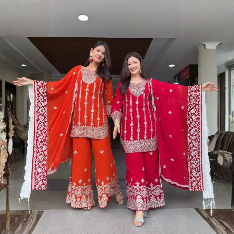 Premium Chinnon Silk Embroidered Kurti Plazzo Set with Lace Border Dupatta