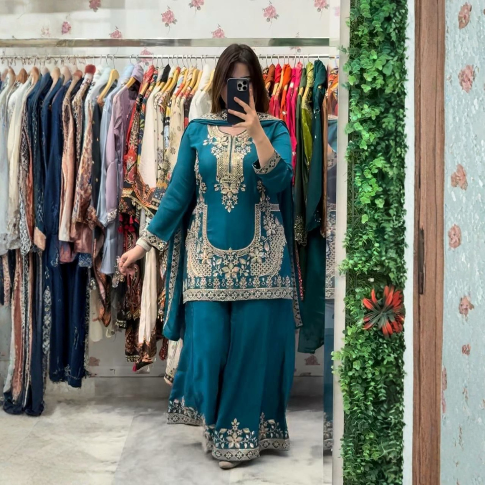 Luxury Crepe Silk Embroidered Sharara Plazzo Set with Moti Work Dupatta