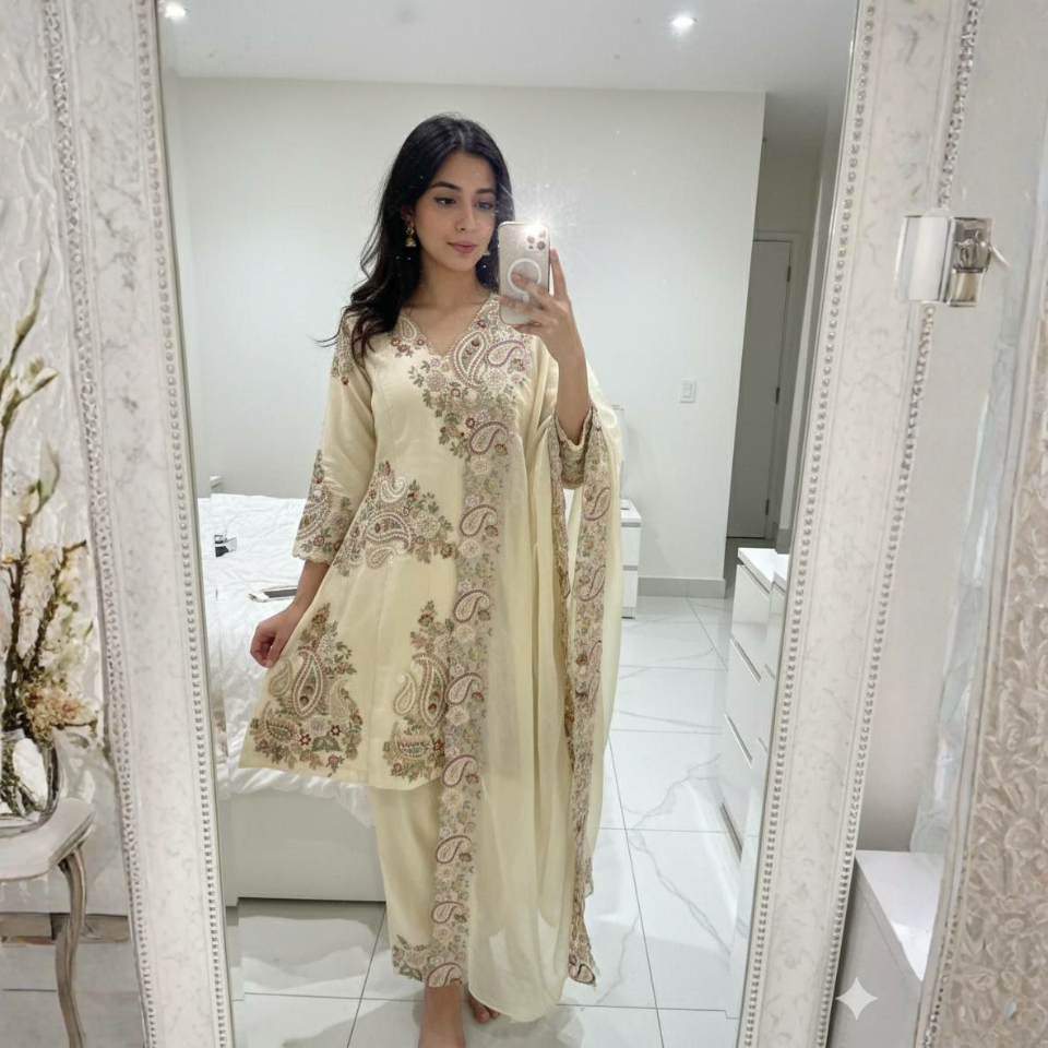 Fendy Fabric Sequence Embroidery Kurta Plazzo Set with Dupatta
