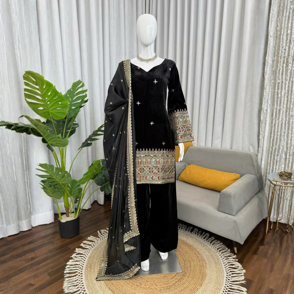 Heavy Velvet Designer Kurta Plazzo Set with Thread & Sequence Work Dupatta