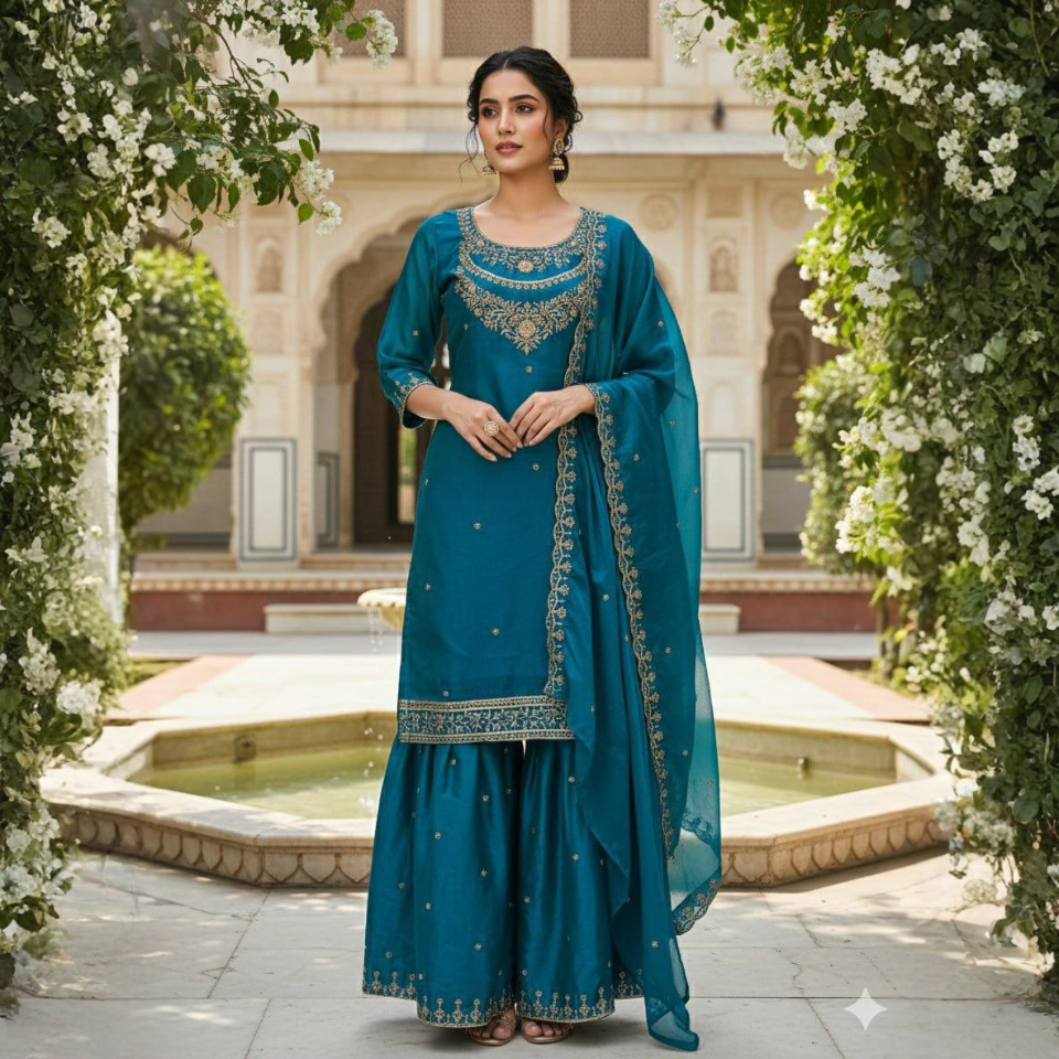 Fendy Fabric Heavy Embroidery Sequence Work Sharara Set with Dupatta