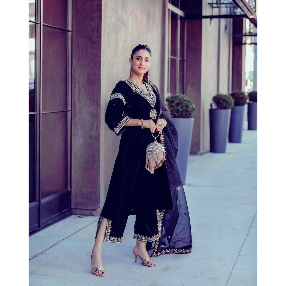 Heavy Viscose Velvet Embroidered Kurta Plazzo Set with Organza Silk Dupatta