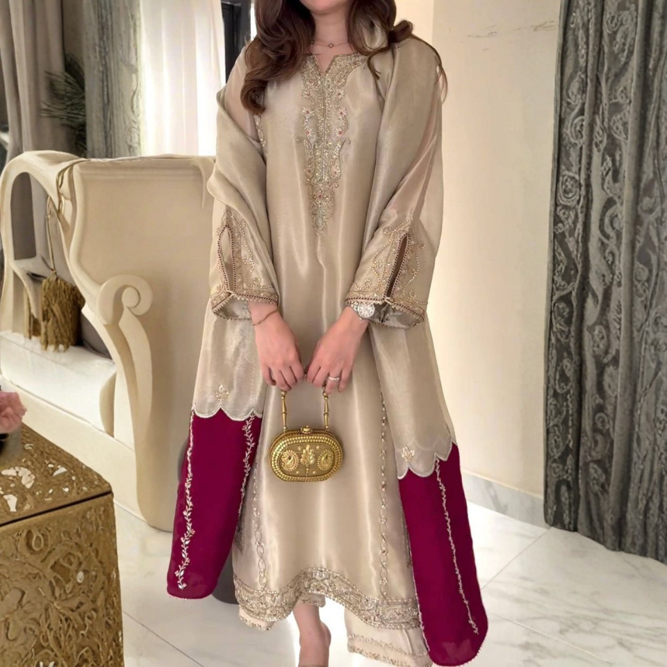 Pur Jimmy Choo Embroidered Sequence Work Kurti Palazzo Dupatta Set