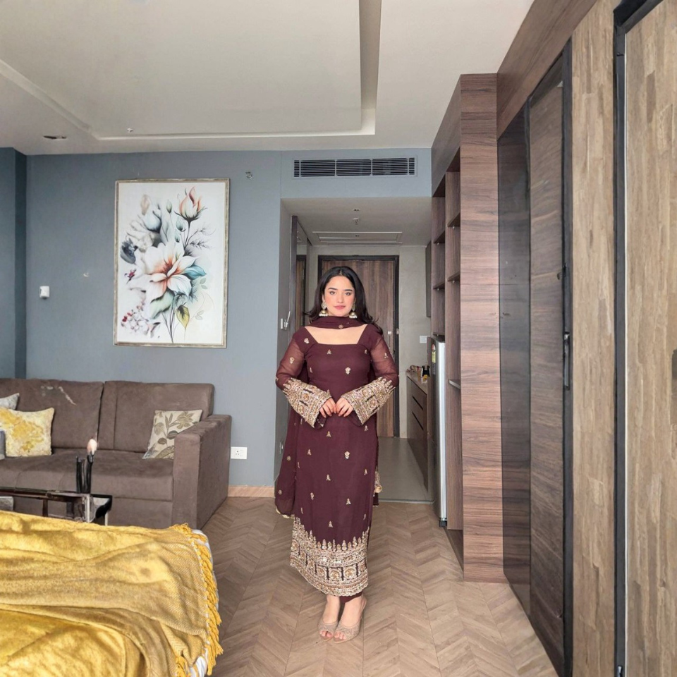 Premium Heavy Georgette Embroidered Sequence Top with Stitched Pant & Dupatta