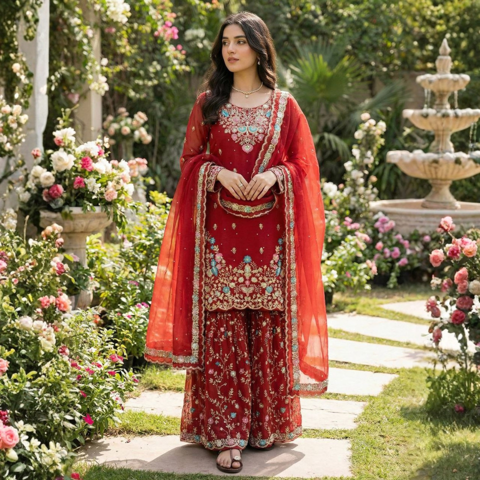 Premium Pure GMY Silk Embroidered Sequins Top-Plazzo Suit with Dupatta