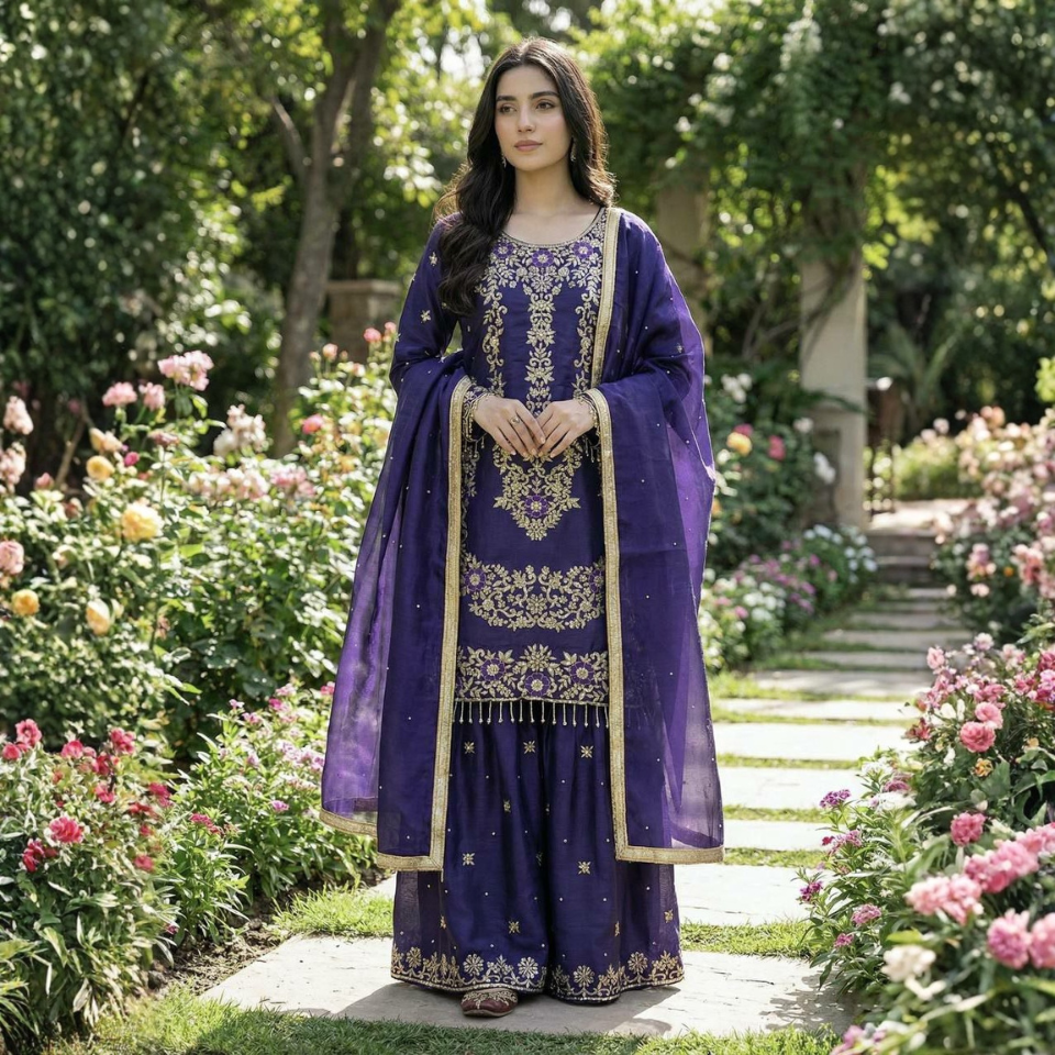 GMY Silk Heavy Embroidered Kurta Sharara Set with Dupatta