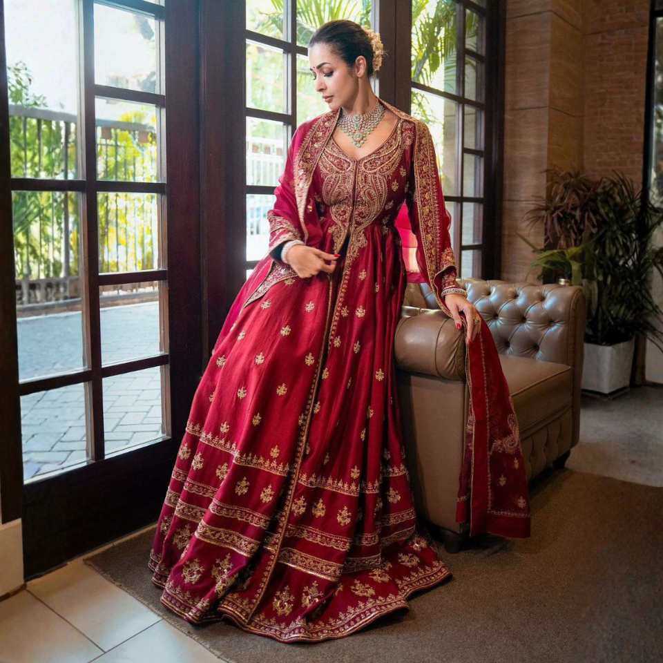 Chinon Silk Embroidered Gown Set with Palazzo & Georgette Dupatta