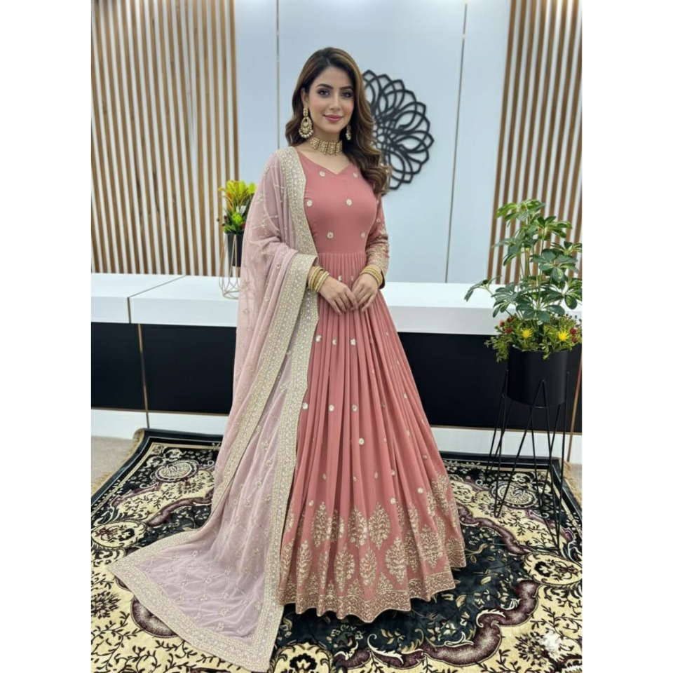 Heavy Faux Georgette Embroidered Ready-to-Wear Gown with Dupatta