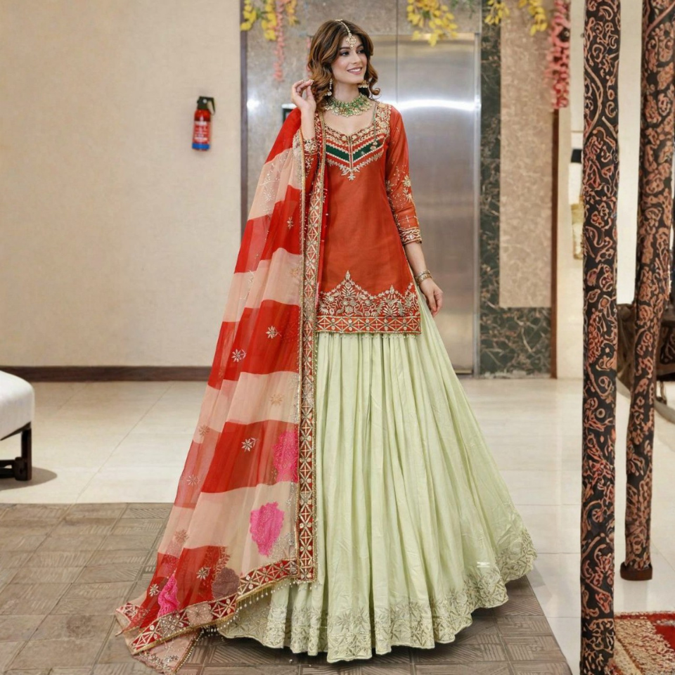 Women’s Fandy Silk Embroidered Top with Crepe Silk Lehenga & Organza Silk Dupatta