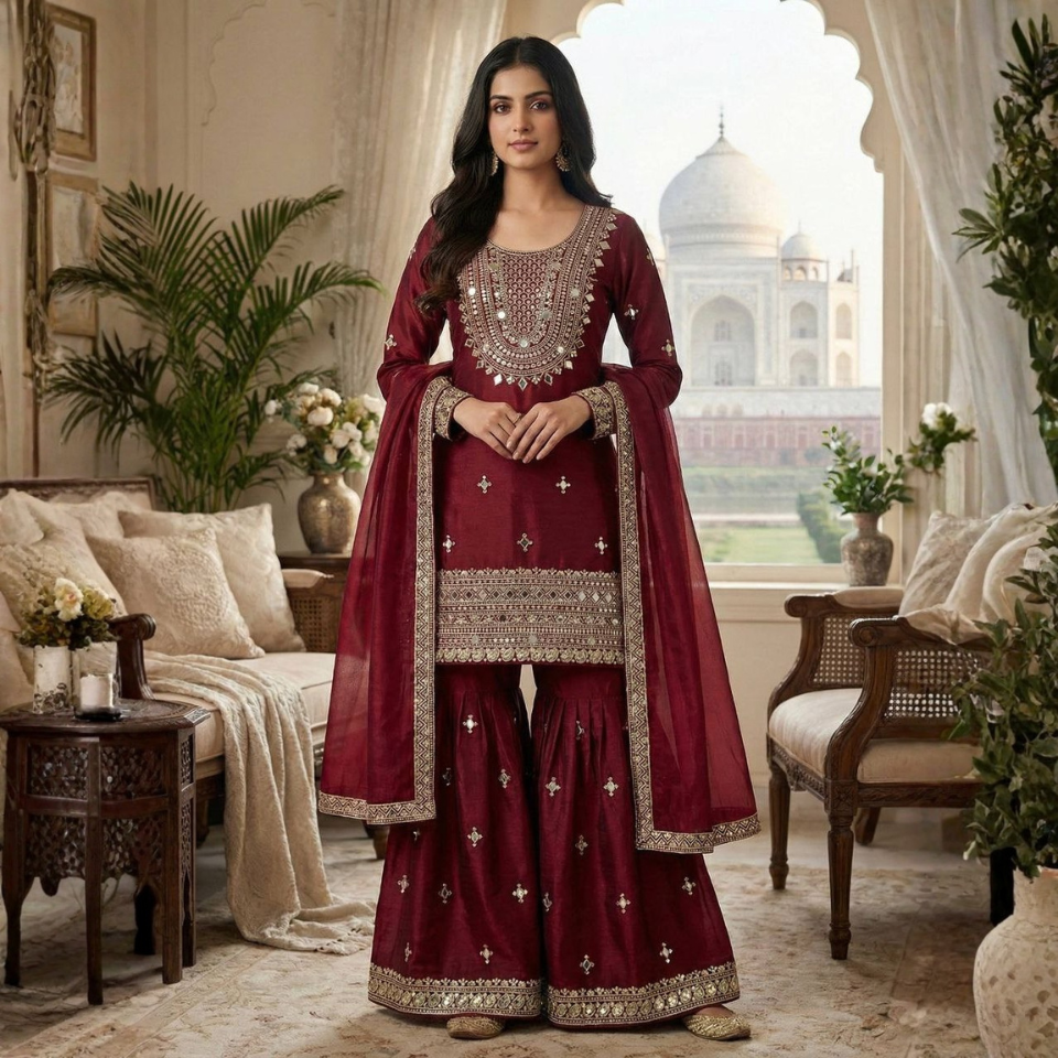 GMY Silk Embroidered Mirror Work Top Sharara Set with Dupatta