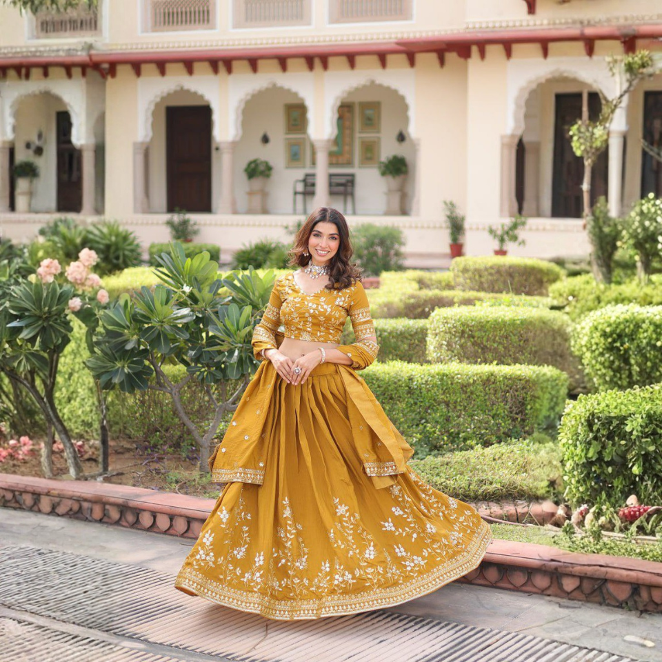 Vichitra Silk Heavy Sequins & Zari Embroidered Lehenga Choli with Designer Dupatta