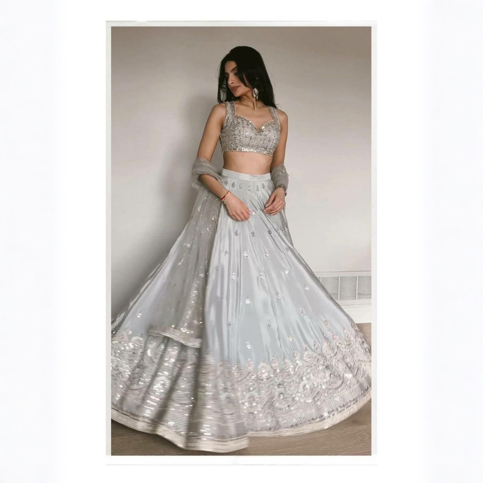 Satin Silk Lehenga with Sequins, Dori and Zari Embroidery Work