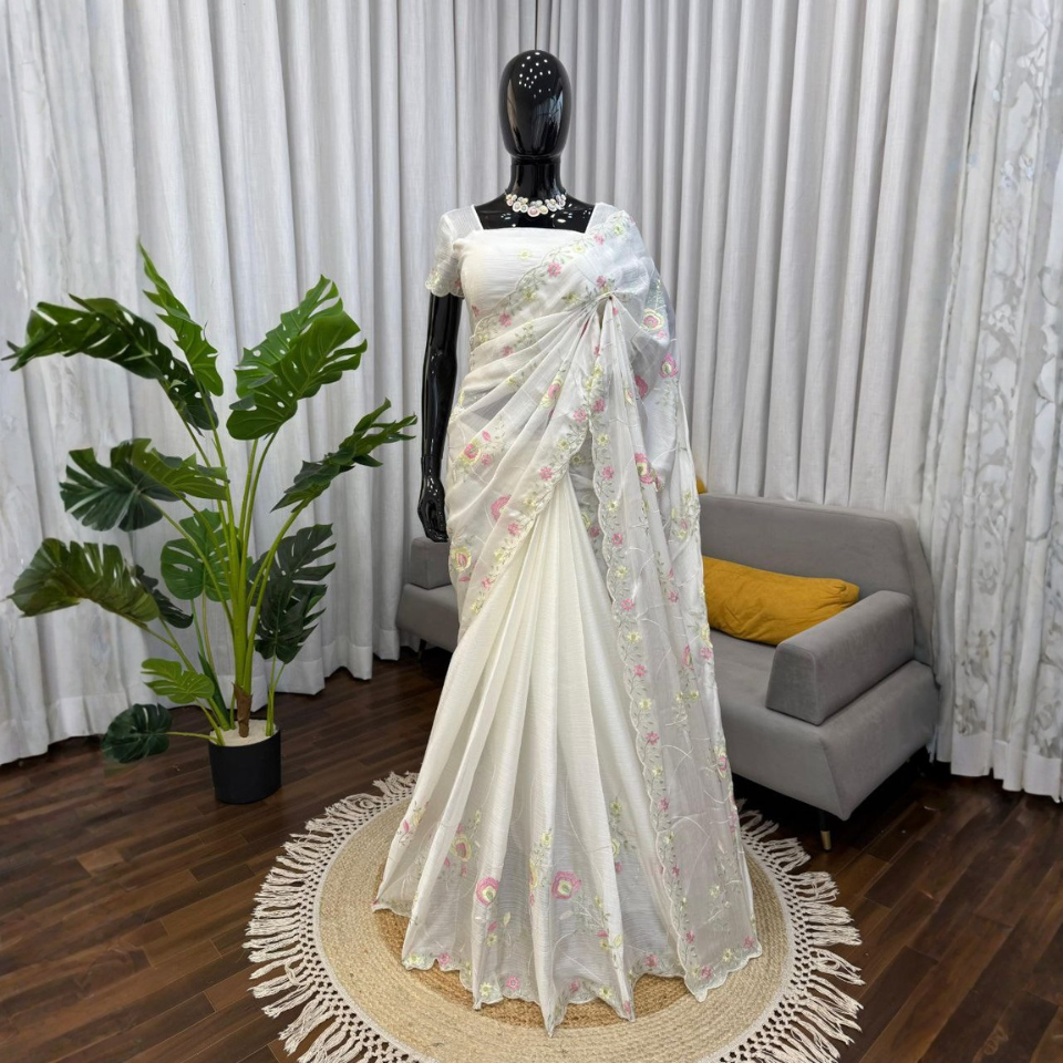 Heavy Chiffon Saree with Intricate Thread Work & Matching Unstitched Blouse