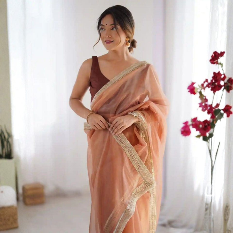 Twill Net Fancy Lace Border Party Wear Saree with Mono Banglori Blouse