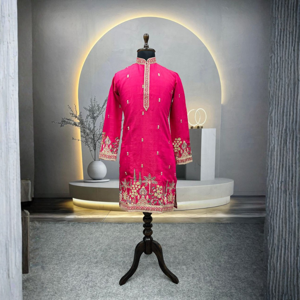 Men’s Roman Shimmer Embroidered Kurta with Heavy Daman & Golden Sequence Work