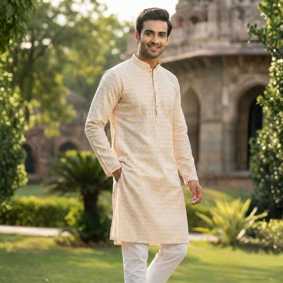 Men’s Silk Kurta Set with All-Over Work and Raymond Cotton Pyjama