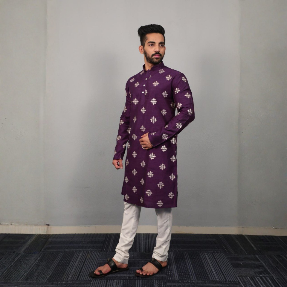 Men’s Soft Parbon Silk Kurta with Matte Copper Sequin Work