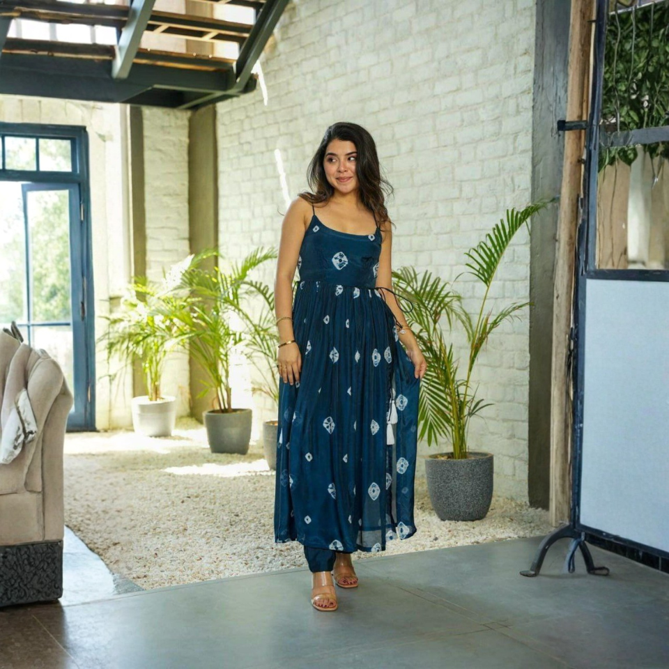 Firozi Taby Silk Printed Nyra Cut Kurti Pant Set with Dori Sleeves